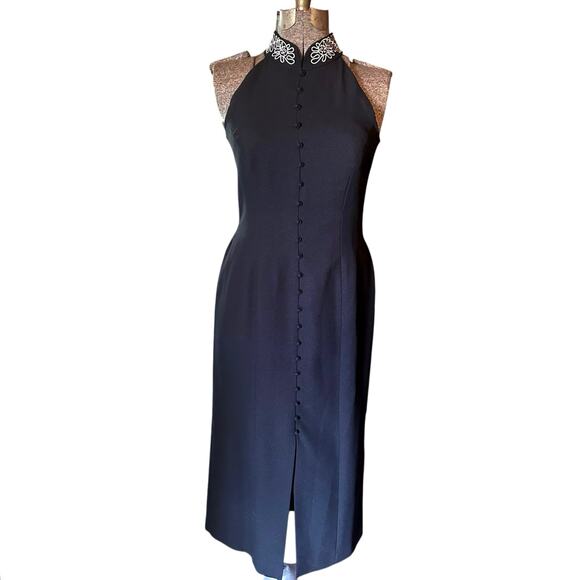Vintage Liz Claiborne Black Halter Maxi Dress 8 Button Front Embroidered Collar - Picture 2 of 14